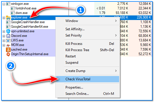 Process Explorer VirusTotal scan integration for process security checking