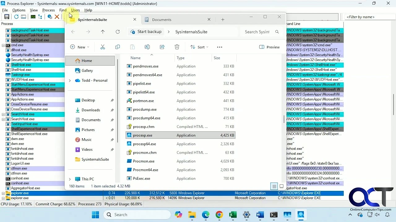 Process Explorer download folder showing procexp.exe files after extracting ZIP