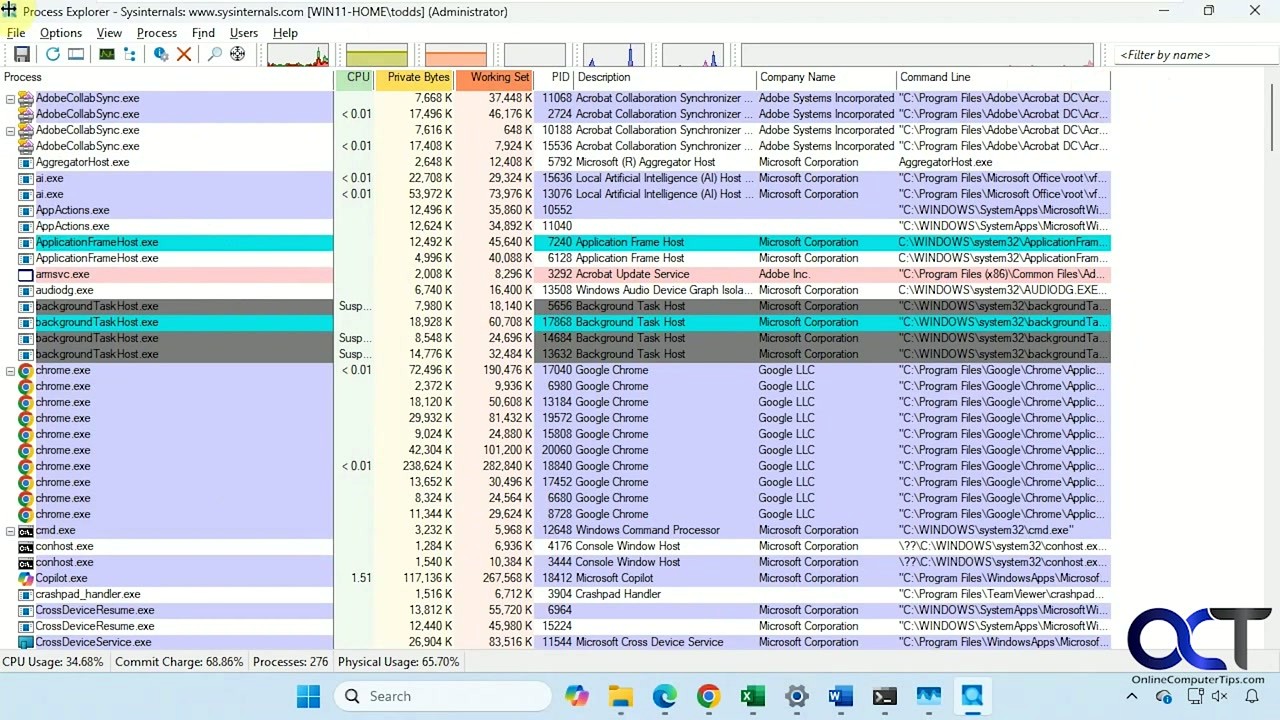 Process Explorer main window showing color-coded process tree with CPU and memory columns