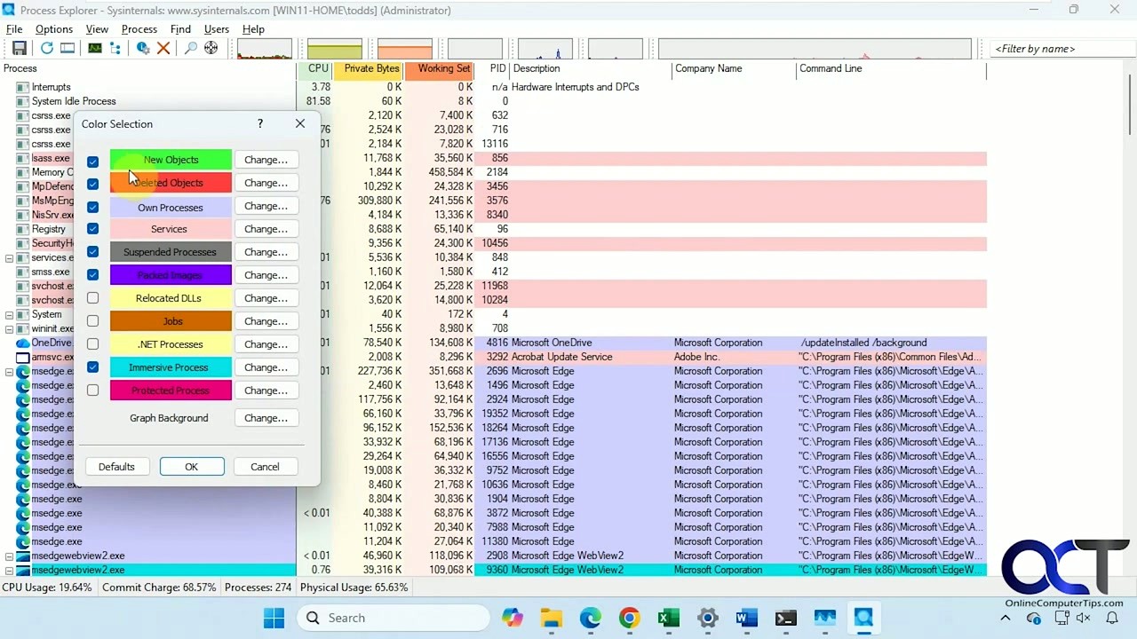 Process Explorer color configuration dialog showing process type color assignments