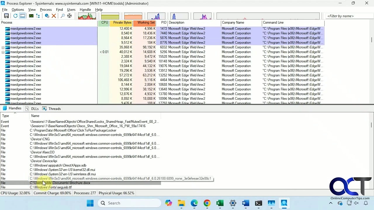 Process Explorer handle view showing open file handles and DLLs for a selected process
