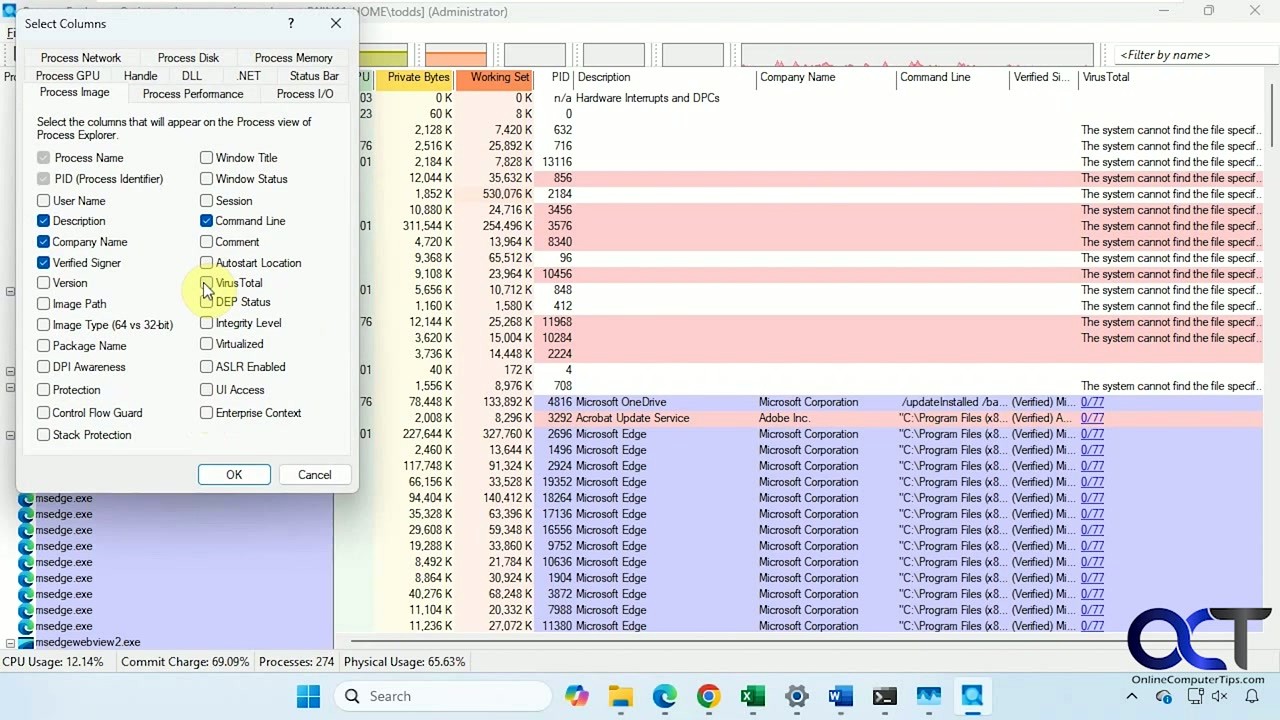 Process Explorer Select Columns dialog with checkboxes for VirusTotal and Verified Signer
